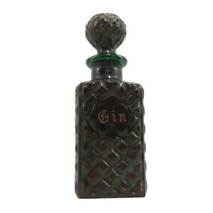 Green Glass DECANTER with LEATHER Wrap and Diamond X Pattern 10" 1960s Vintage